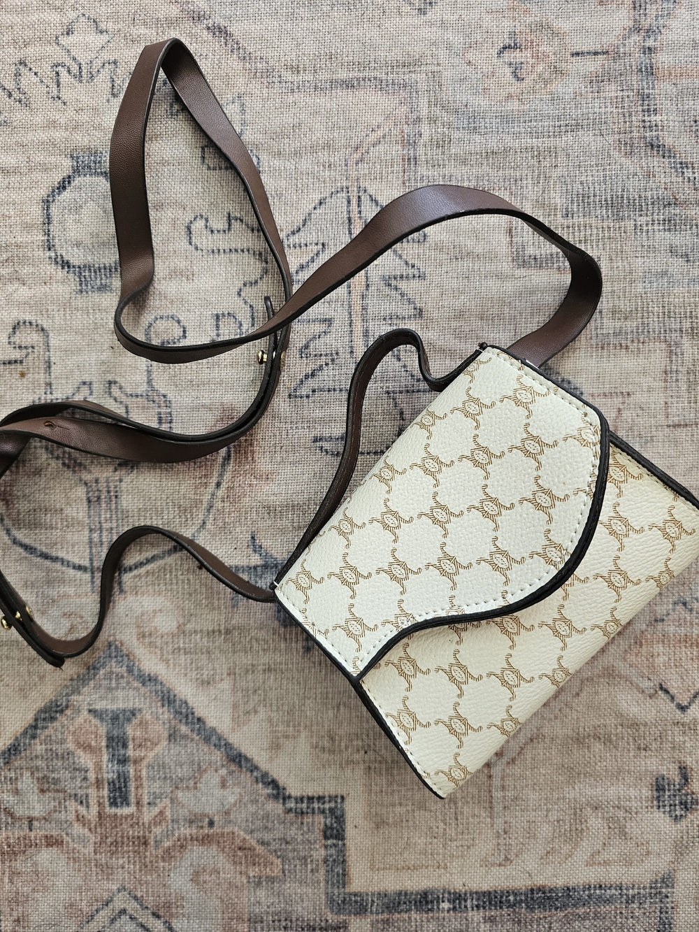 Designer-Inspired Cream & Brown Crossbody Mini Bag